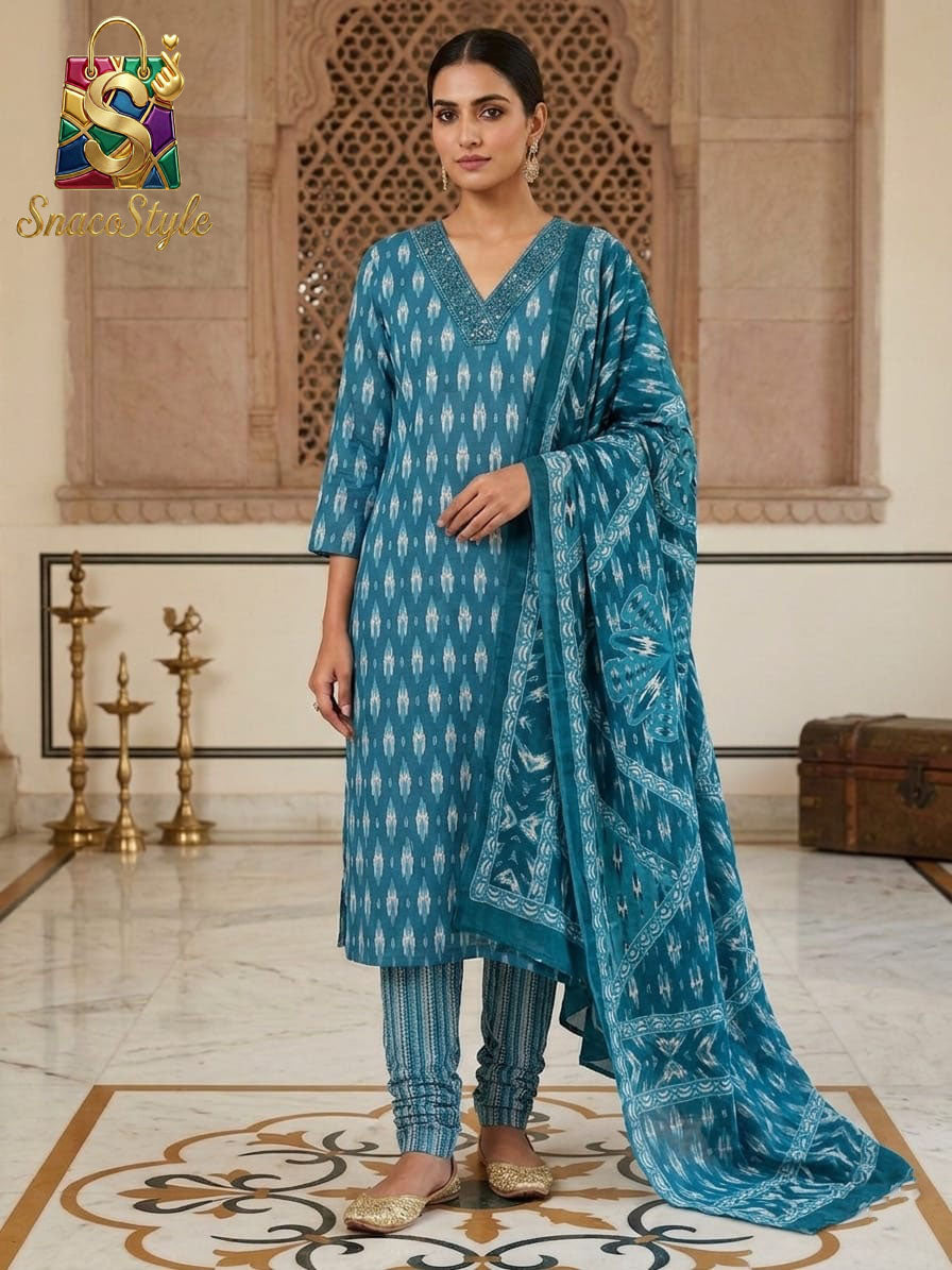 Teal Ikat 3-Piece Kurta Set