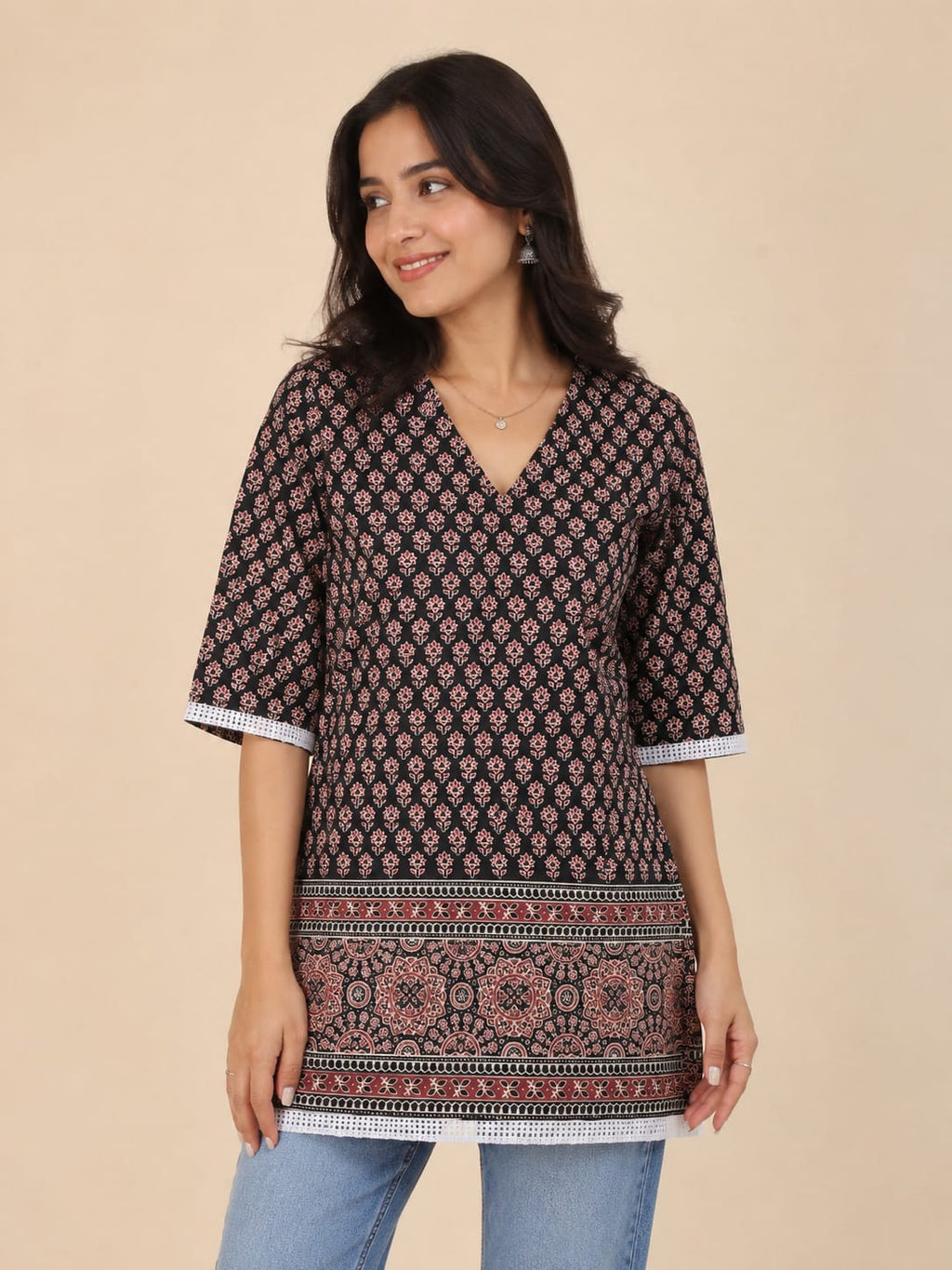 Black Block Print Mixed Cotton Short Kurti