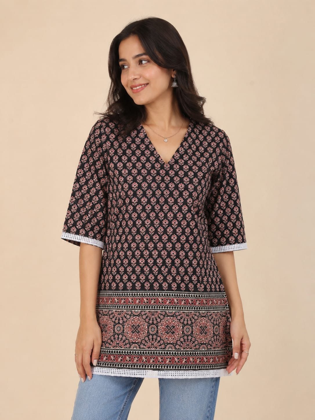 Black Block Print Mixed Cotton Short Kurti