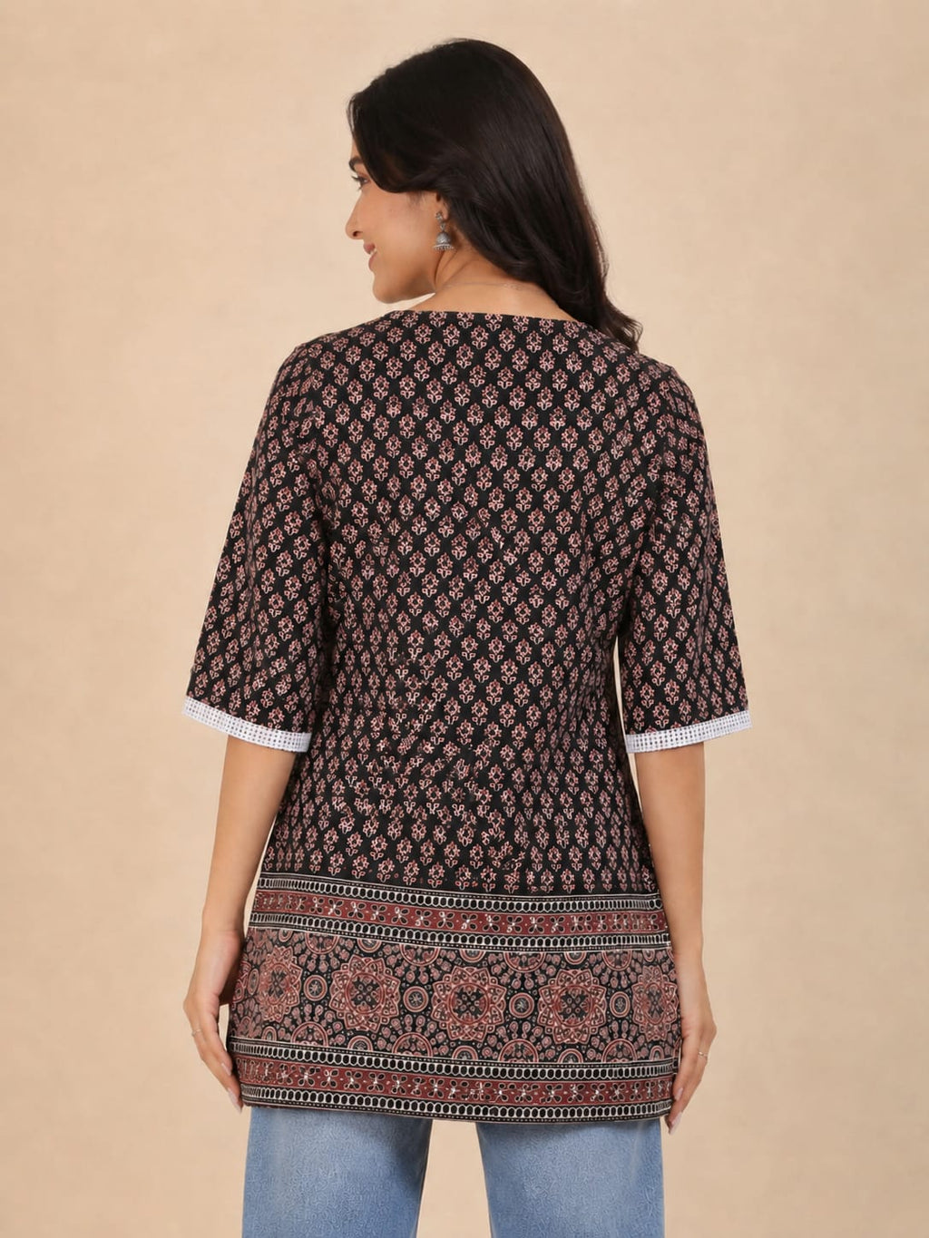 Black Block Print Mixed Cotton Short Kurti