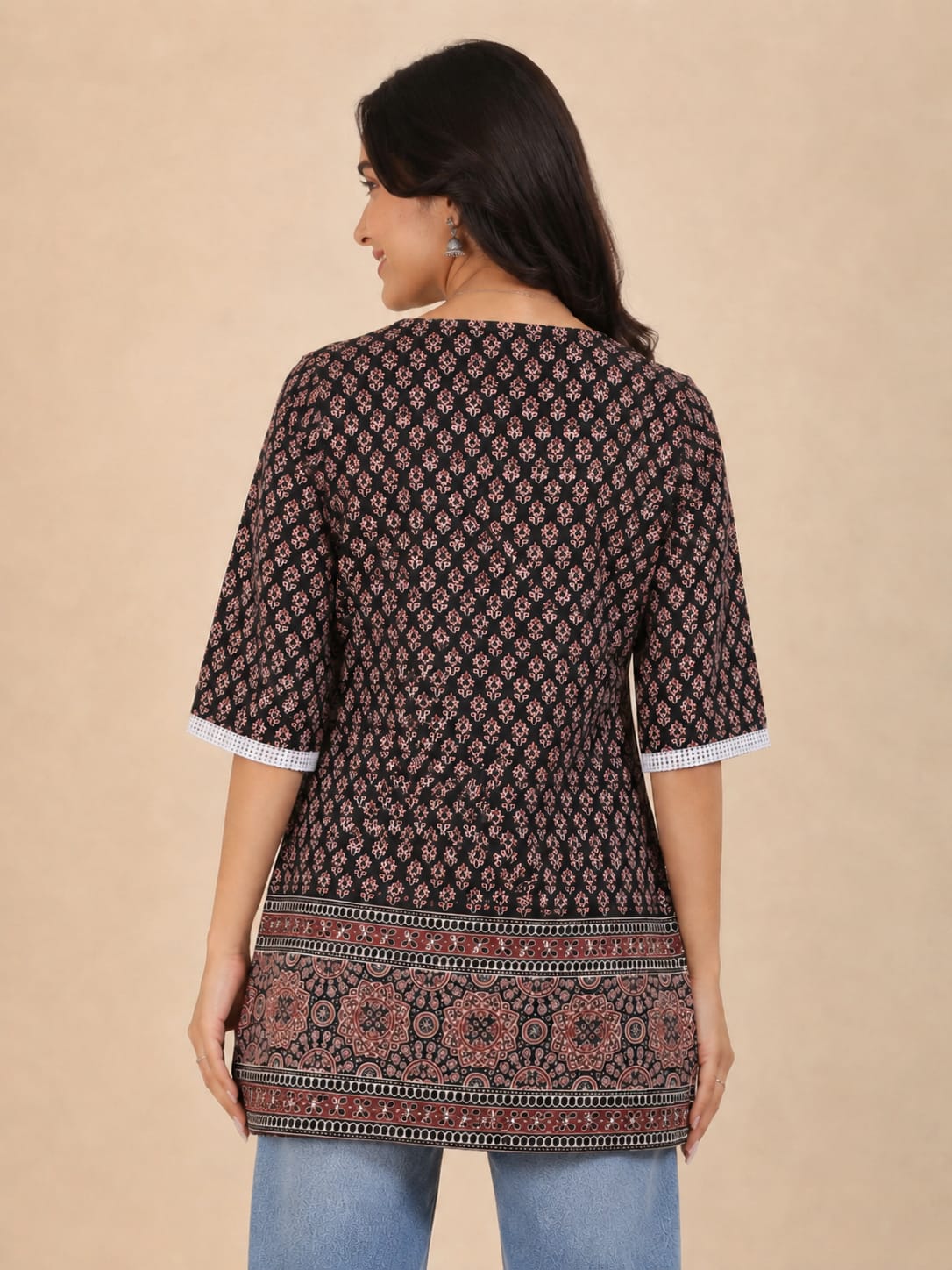 Black Block Print Mixed Cotton Short Kurti