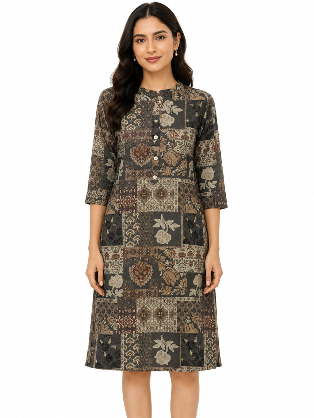 Vintage Patchwork Print Knee Length Kurti
