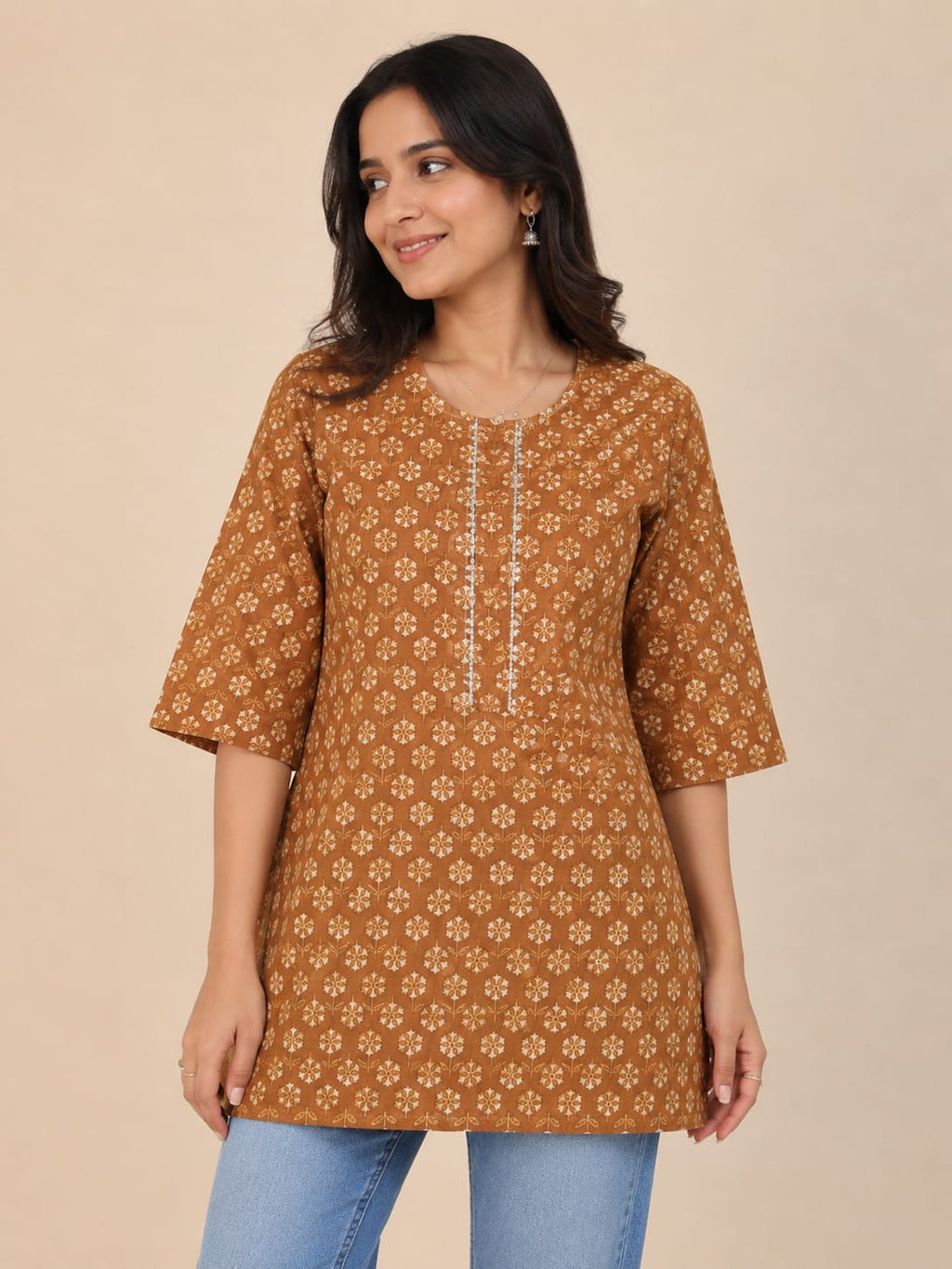 Mustard Motif Printed Mixed Cotton Short Kurti