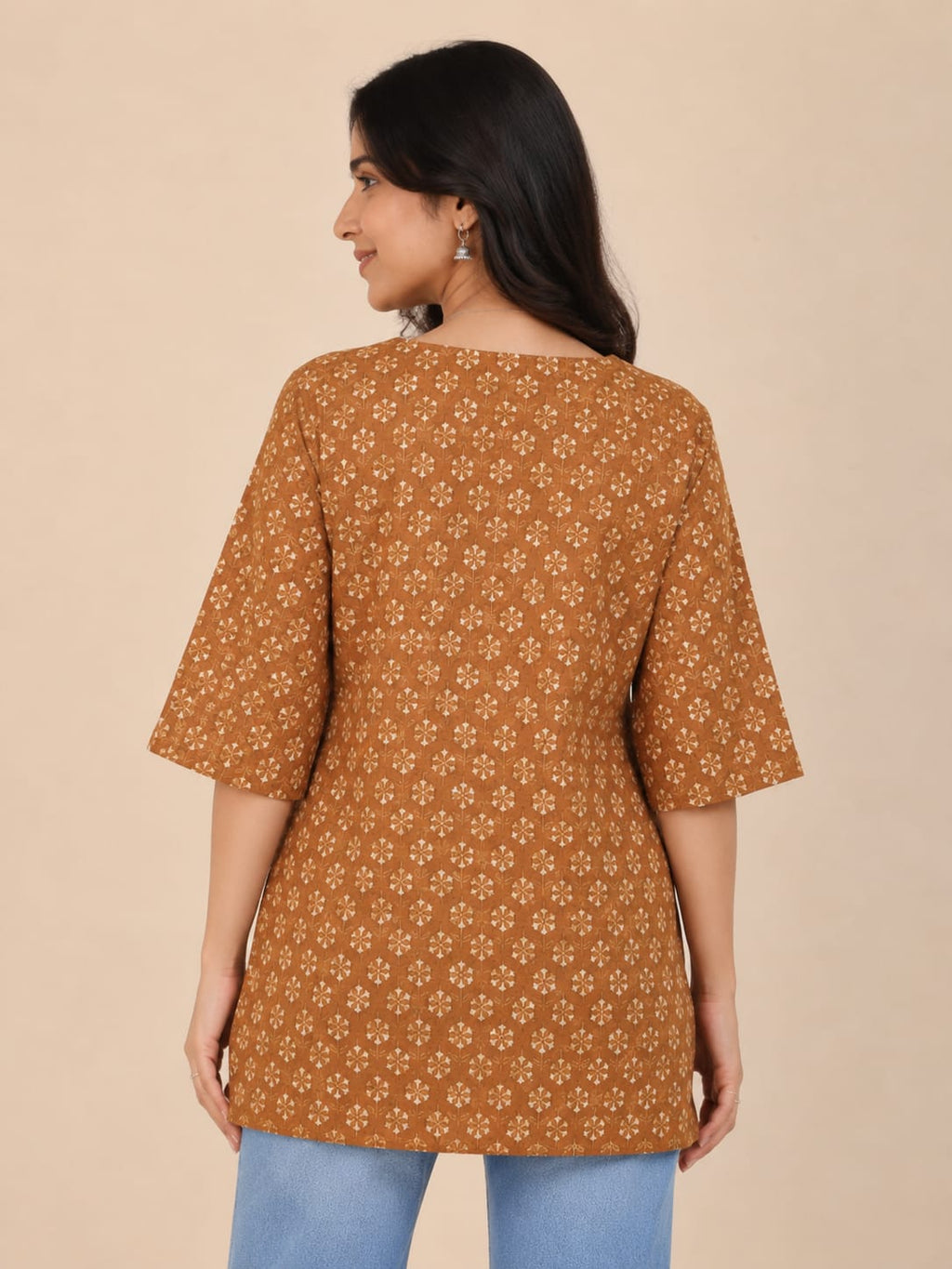 Mustard Motif Printed Mixed Cotton Short Kurti