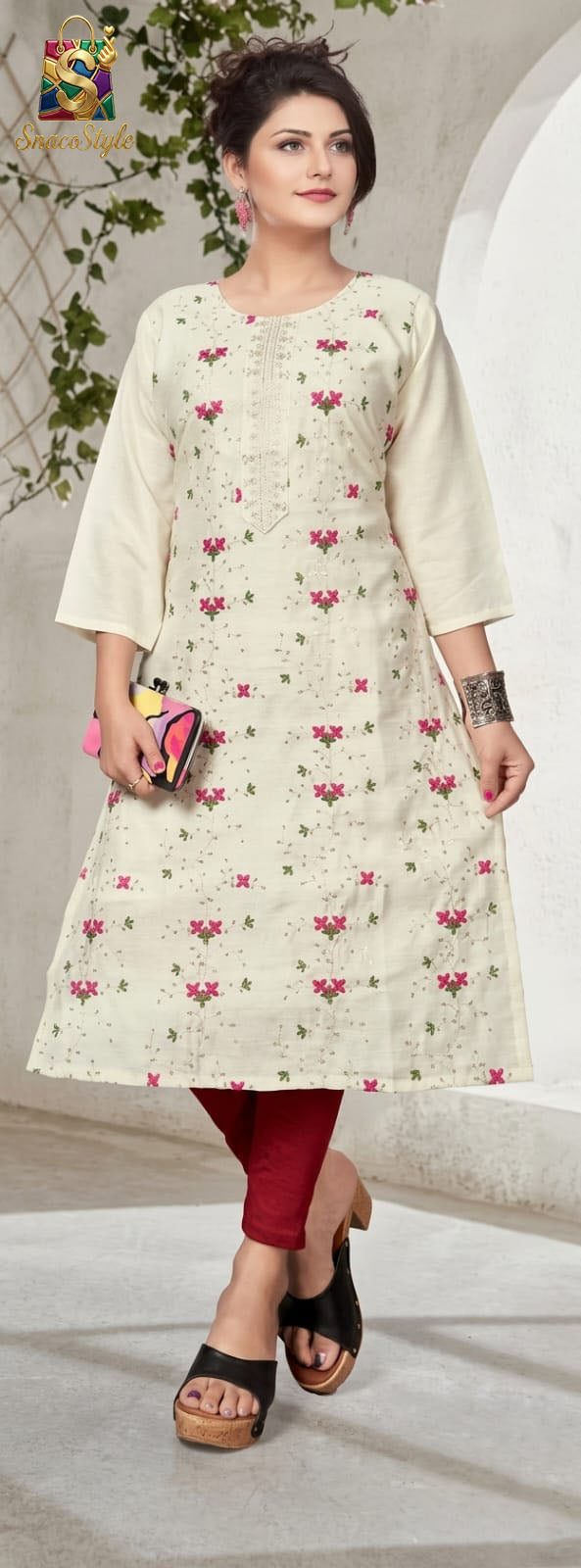 Pearl Cream Floral Roman Silk Kurta