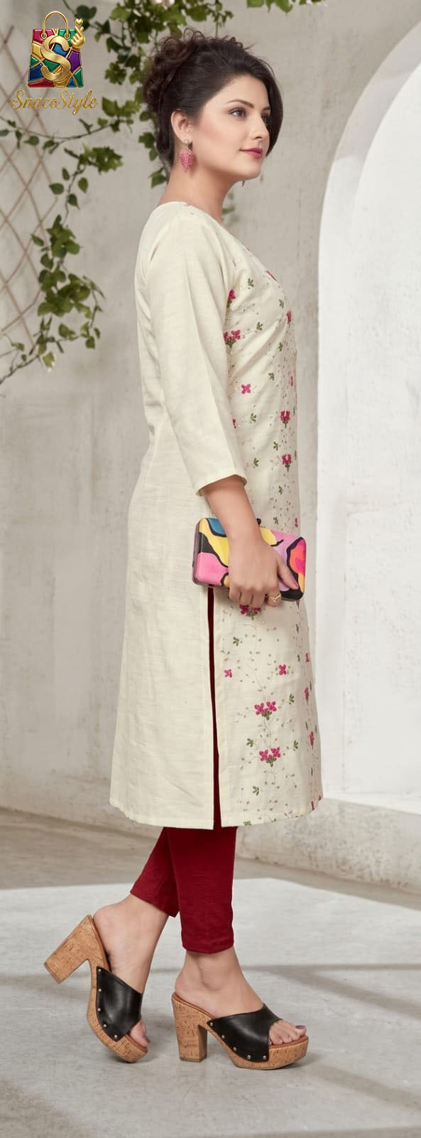 Pearl Cream Floral Roman Silk Kurta