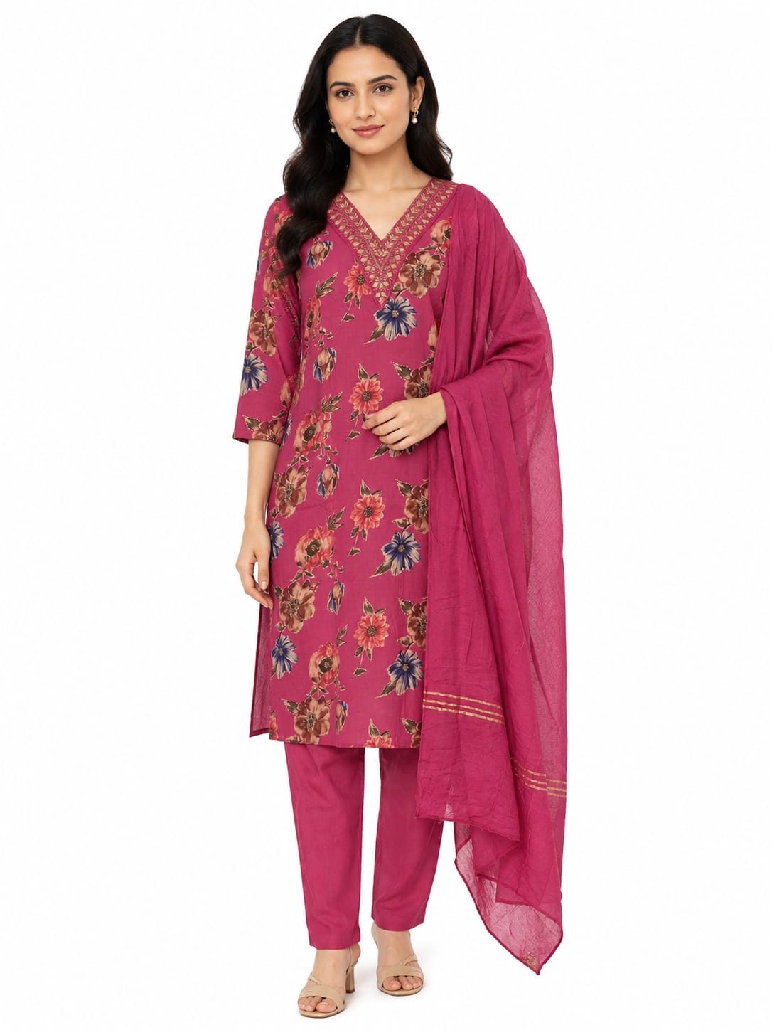 Floral Print 3 Piece Salwar Suit Set with Dupatta