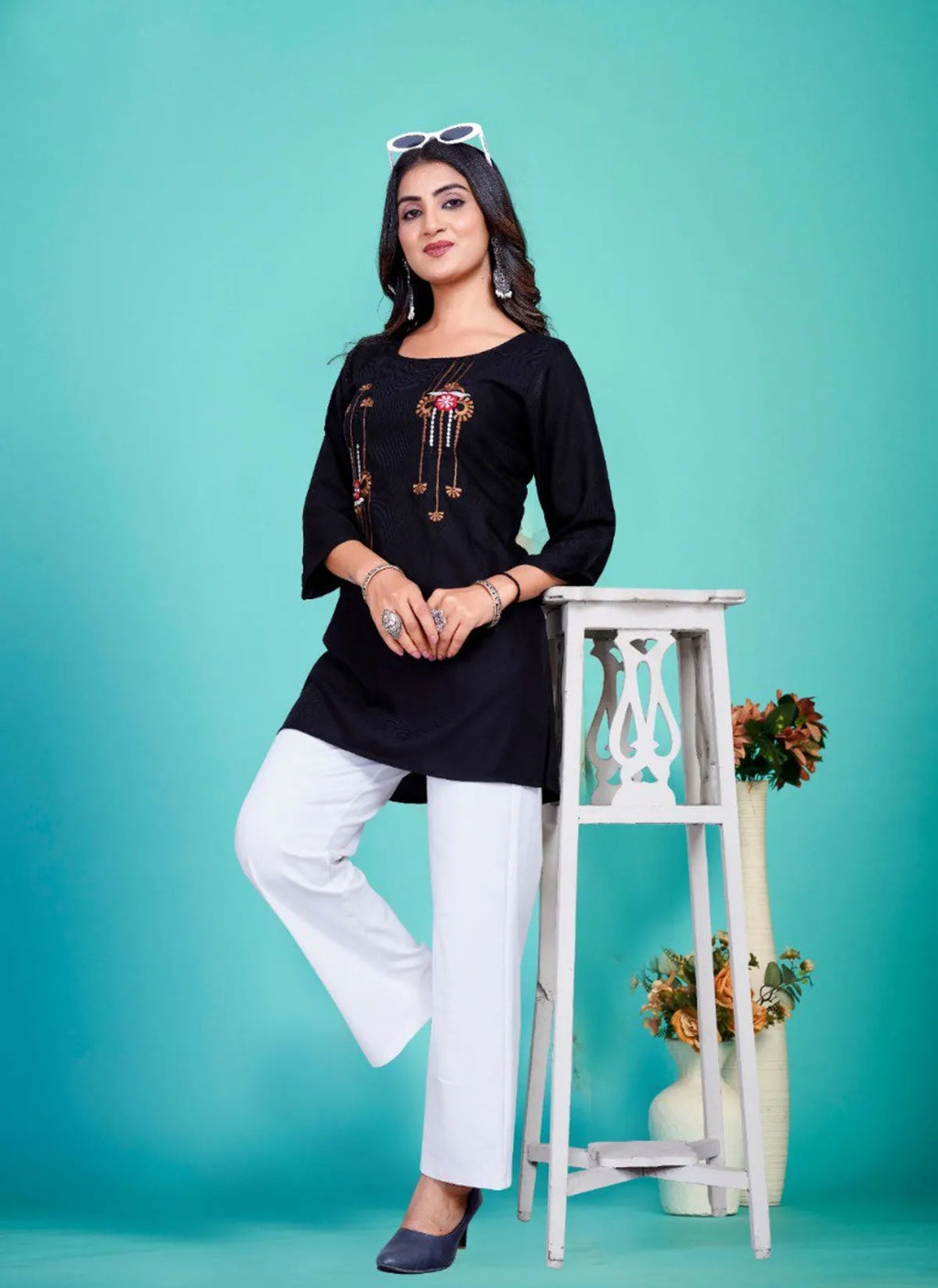 Black Embroidered Rayon Tunic Kurti