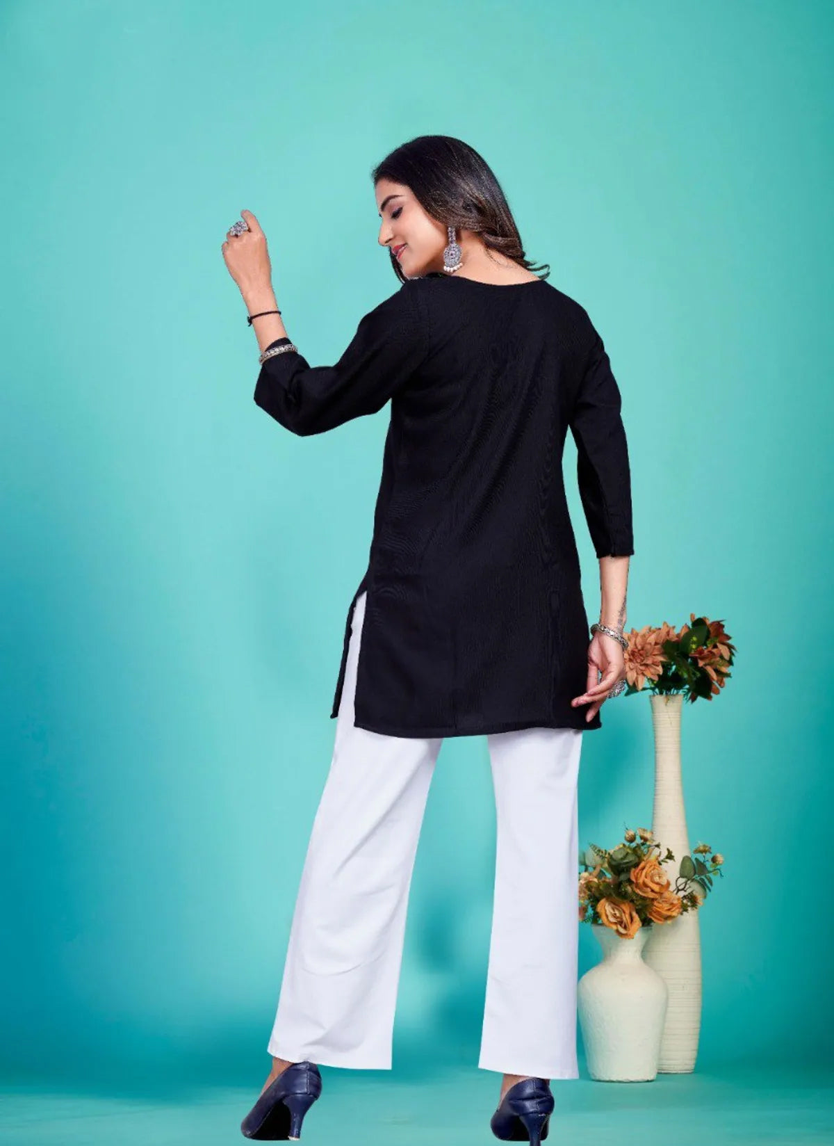 Black Embroidered Rayon Tunic Kurti