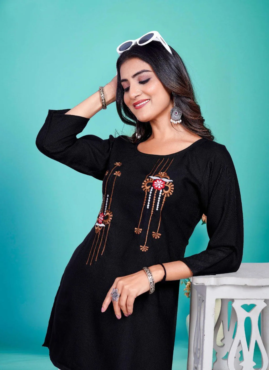 Black Embroidered Rayon Tunic Kurti