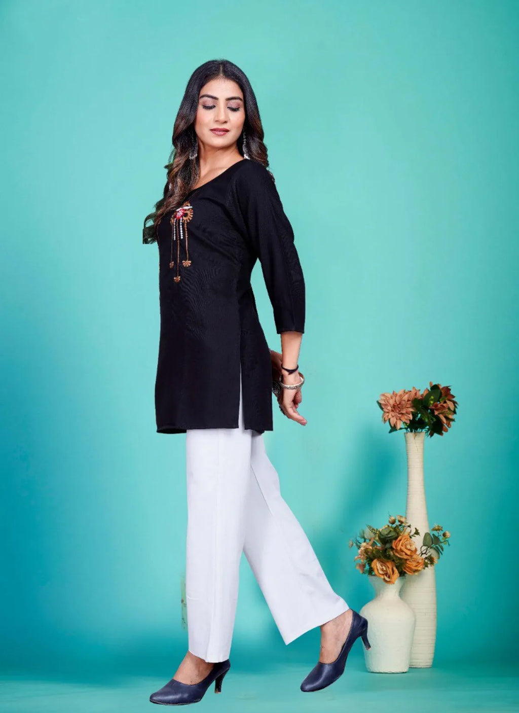 Black Embroidered Rayon Tunic Kurti
