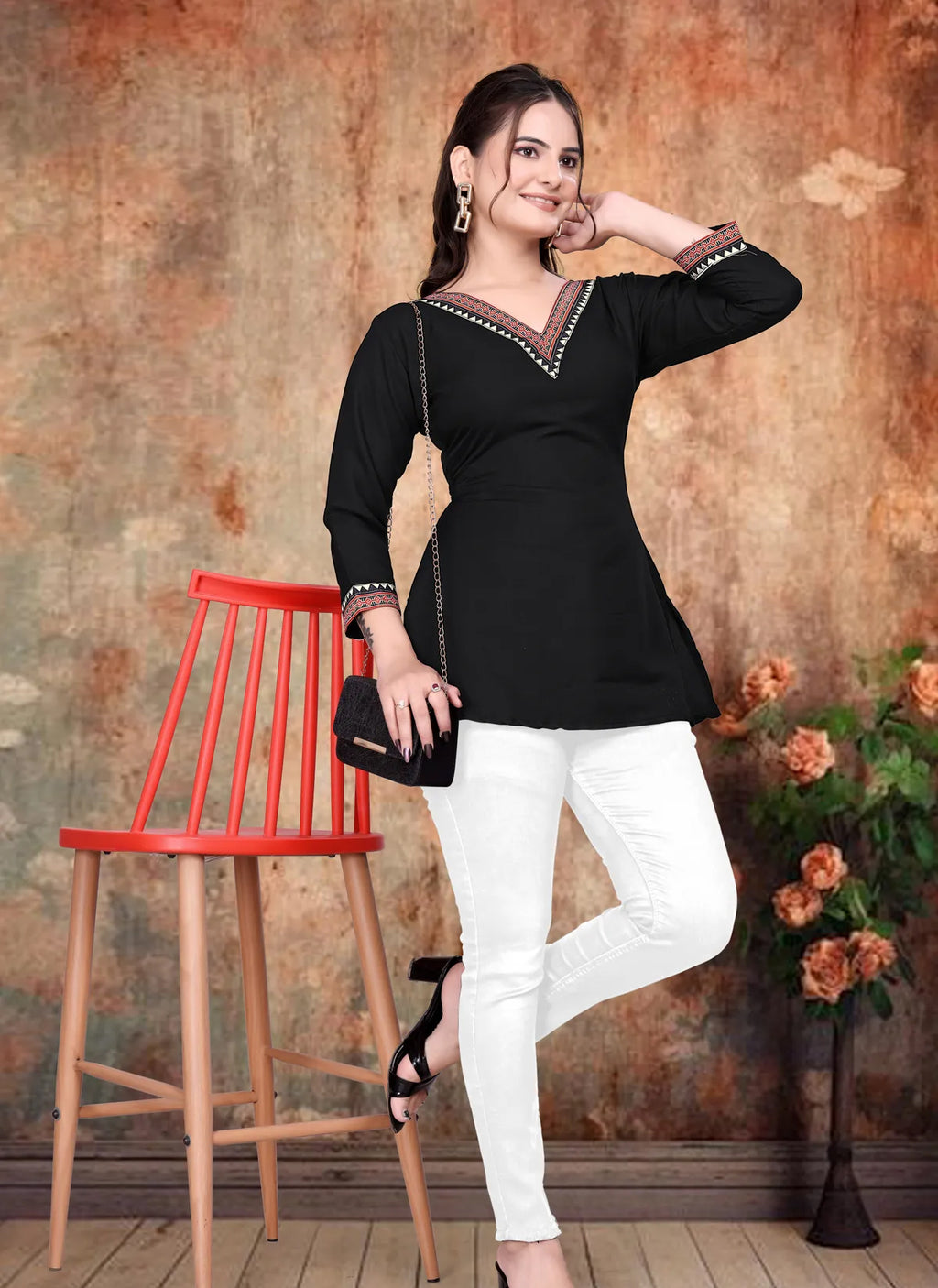 Black V-Neck Rayon Tunic Top