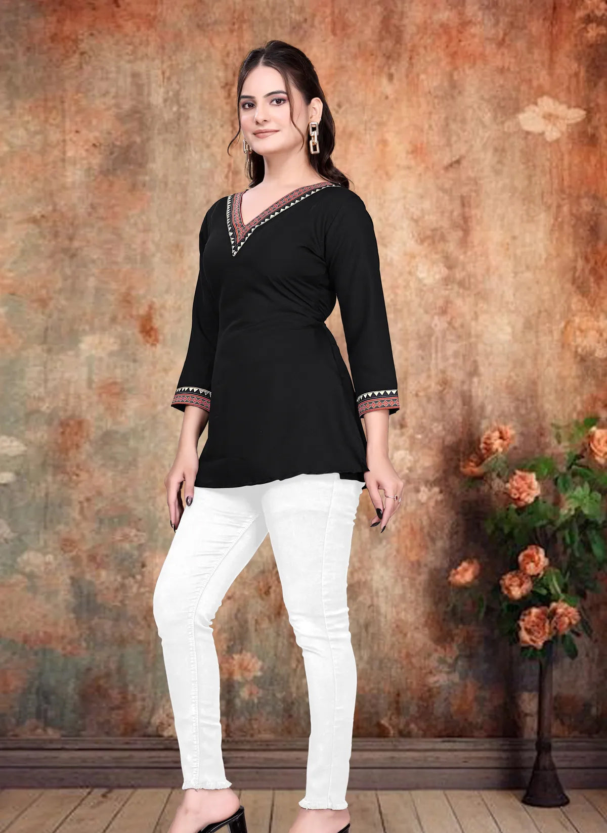 Black V-Neck Rayon Tunic Top