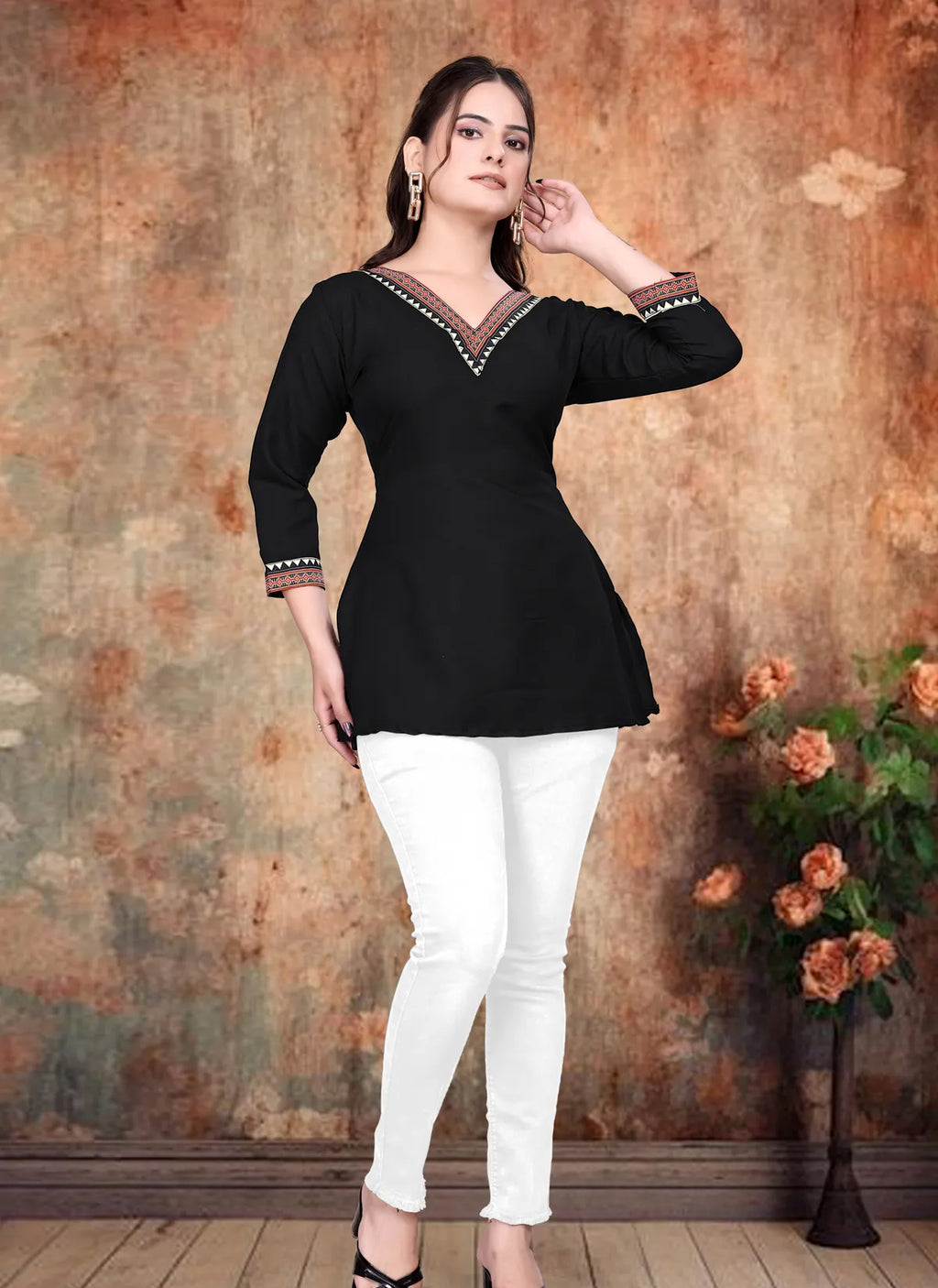 Black V-Neck Rayon Tunic Top