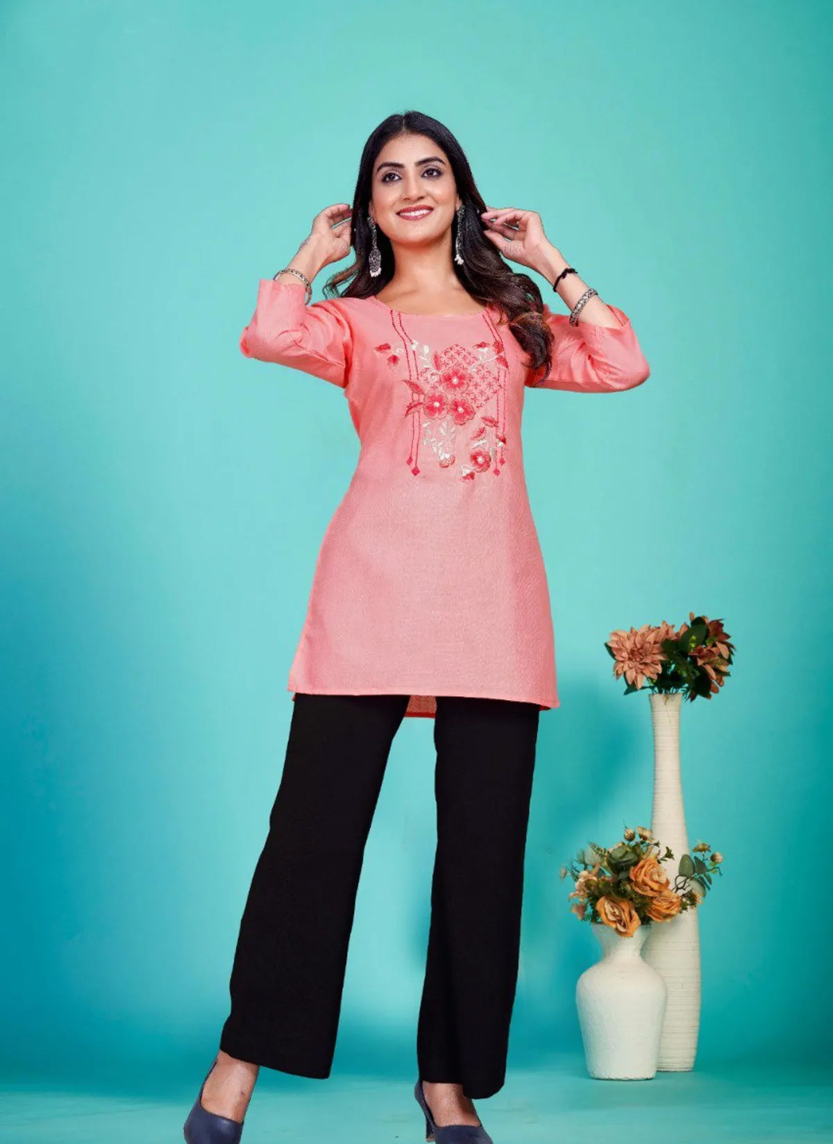 Pink Embroidered Cotton Blend Tunic