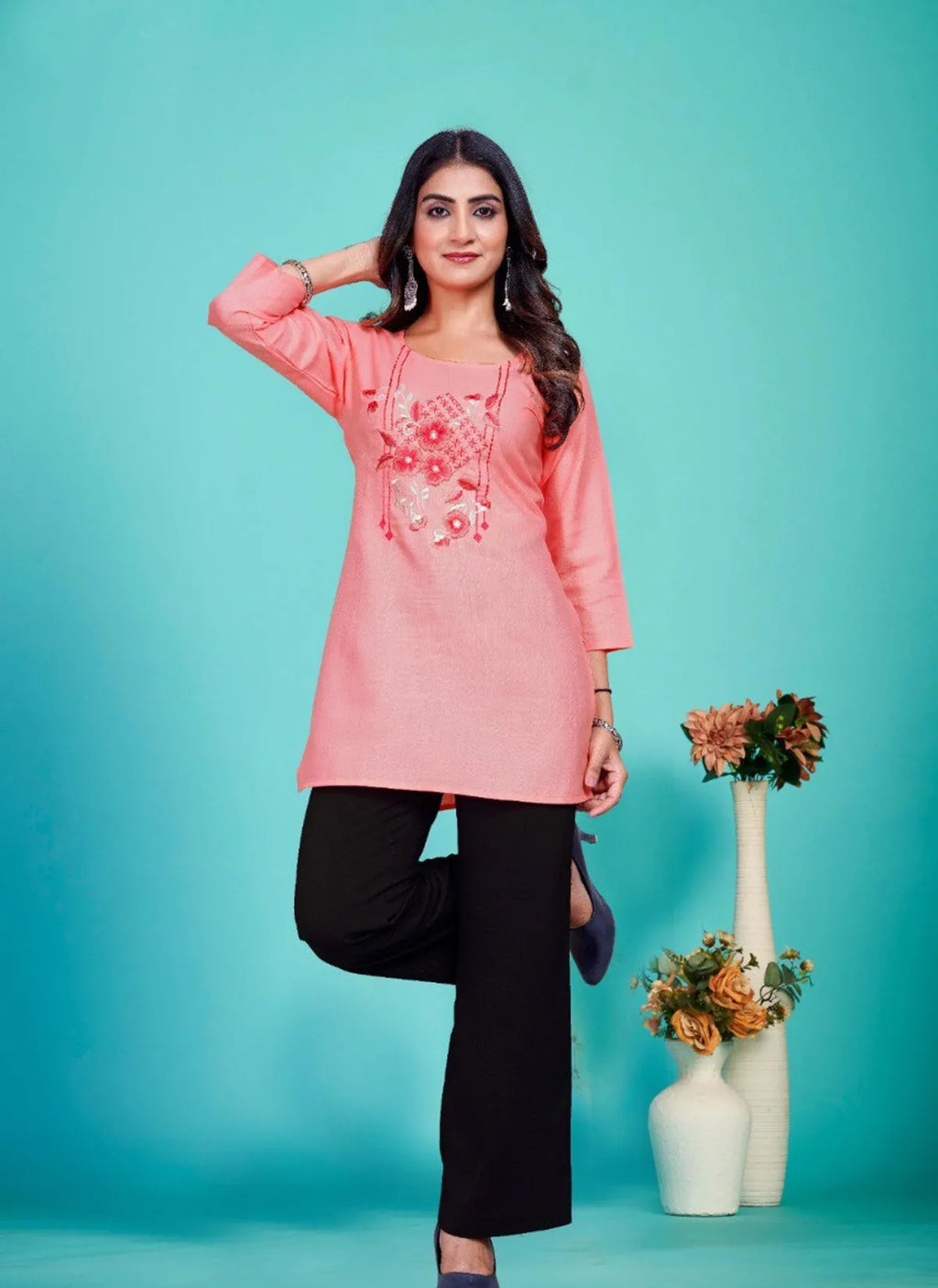 Pink Embroidered Cotton Blend Tunic