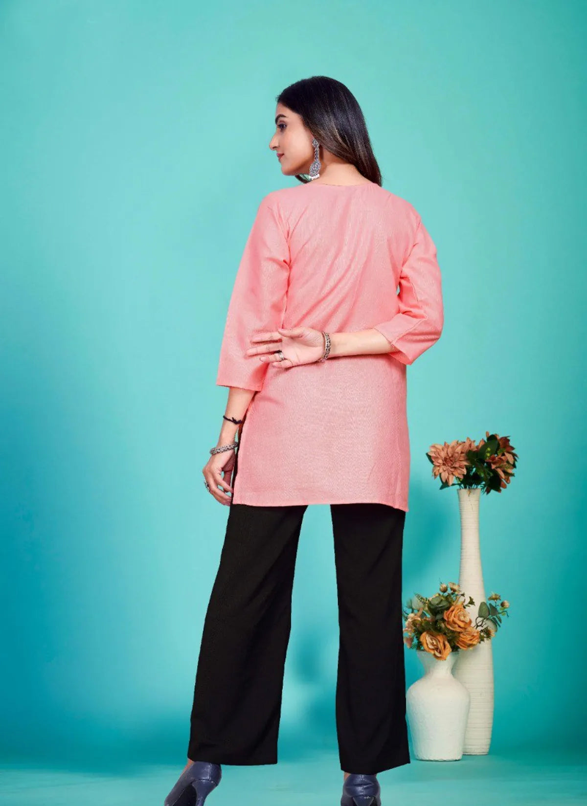 Pink Embroidered Cotton Blend Tunic