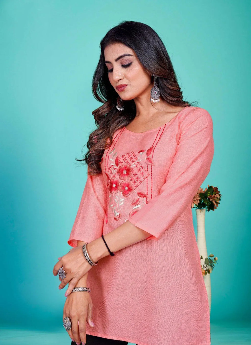 Pink Embroidered Cotton Blend Tunic
